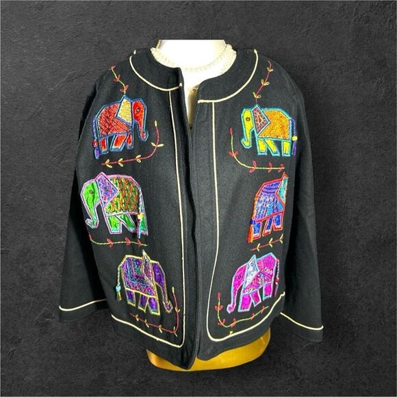 Vintage YakMagik Womens Wool Embroidered Patchwork Elephant Stitched Blazer sz S - Picture 4 of 6
